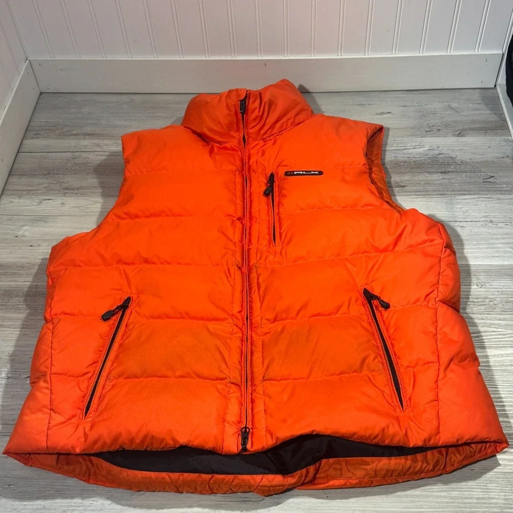 RLX‎ Ralph Lauren Down Puffer Vest Men Sz L Orange Full Zip Packable Hood